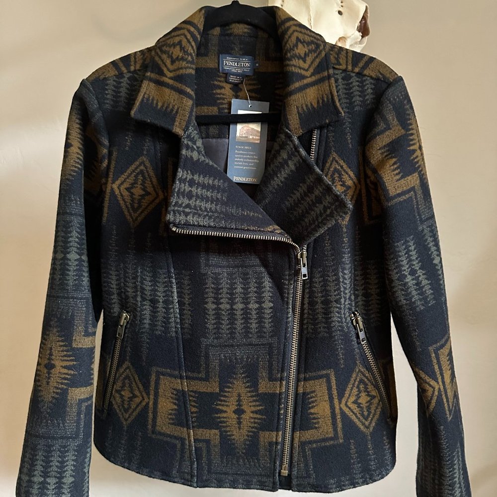 NWT Pendleton Wool Harding Moto Zip Jacket - Navy / Brown - Small